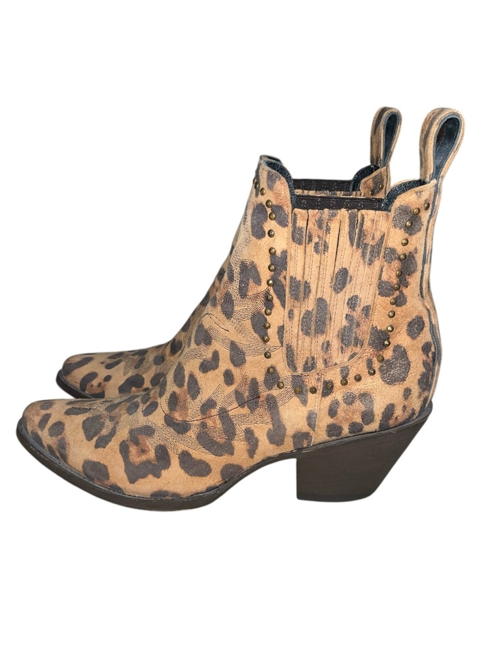 Cavender’s Leopard Print Western Ankle Boots - Tan & Dark Brown Suede Size 9B - Picture 4 of 12